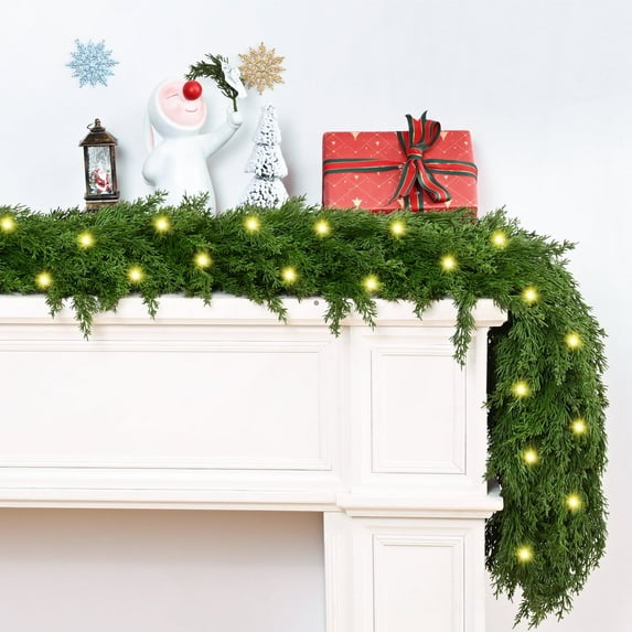 Lyacmy Pre-lit Cypress Christmas Garland Realistic Artificial Vinyl Cedar Pine Evergreen Garland, Winter Greenery Garland for Christmas Decorations Indoors Outdoors