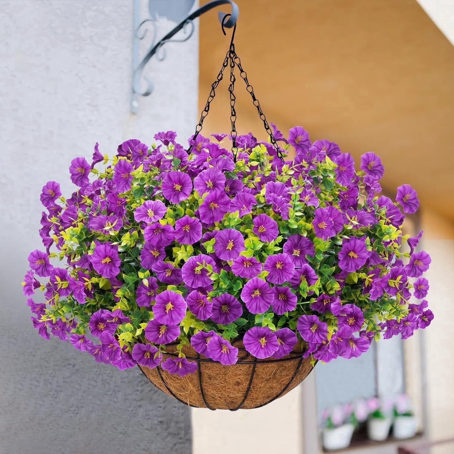 Lyacmy Purple Artificial Hanging Flowers in Basket for Indoor Outdoor, 10Pcs Fake Boxwood Petunias with Eucalyptus Leaves with 20Inch Coconut Lining Chain Flowerpot