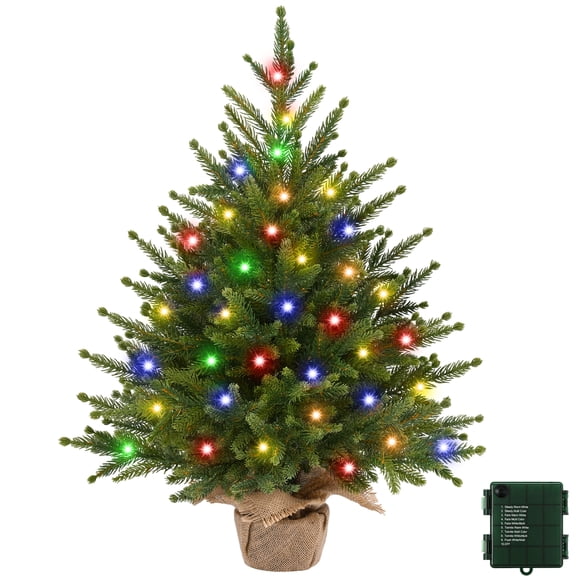 Lyacmy 2FT Pre-Lit Artificial Mini Christmas Tree with 50 LED Lights, Tabletop Xmas Tree with Burlap Base Christmas Decoration