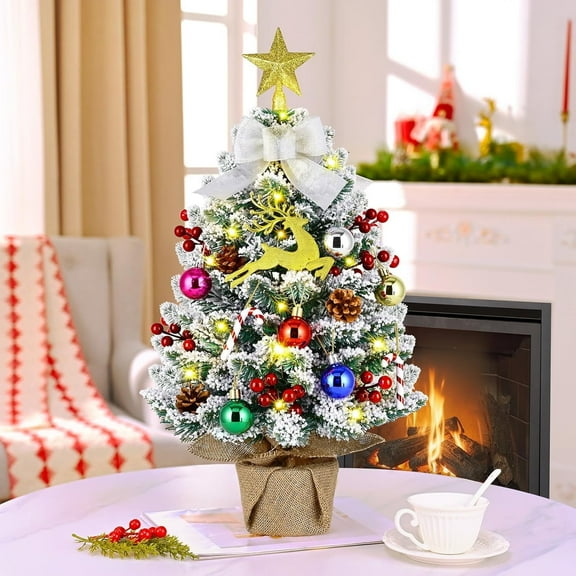 Lyacmy 2ft Pre-Lit Flocked Tabletop Christmas Tree Christmas Decorations for Indoor Holiday Party Supplies, White