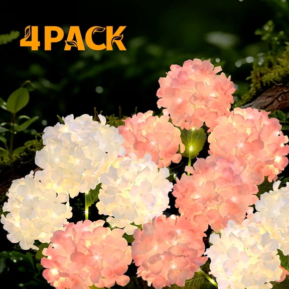 Lyacmy 4 Pack White Pink Hydrangea Solar Garden Lights Outdoor, Waterproof Solar Lights for Yard Pathway Patio Outdoor Decor