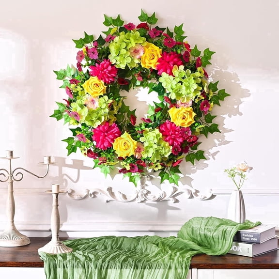 Lyacmy 24'' Flower Wreaths for Front Door, Spring Summer Silk Hydrangea Rose Door Wreath for Farmhouse Porch Window Decor