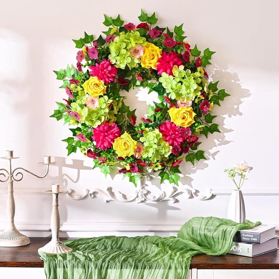 Lyacmy 24 Inch Wreaths for Front Door, Spring Summer Door Wreath Hydrangea Rose Flower Wreath for Farmhouse Porch Window Decor