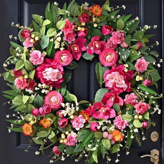 Lyacmy 26'' Flower Wreaths for Front Door, Spring Summer Silk Rose Magnolia Door Wreath for Farmhouse Porch Window Decor