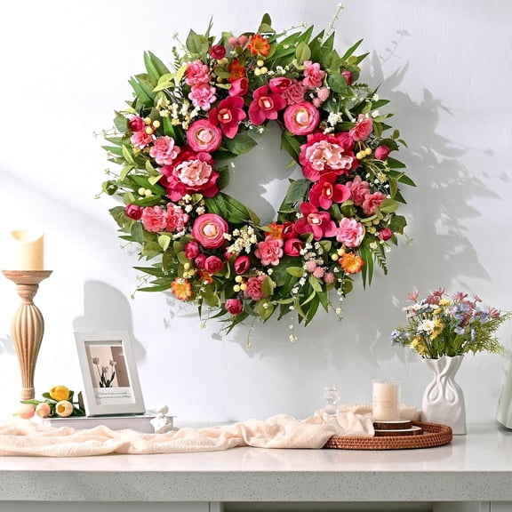 Lyacmy 26'' Flower Wreaths for Front Door, Spring Summer Silk Rose Magnolia Door Wreath for Farmhouse Porch Window Decor