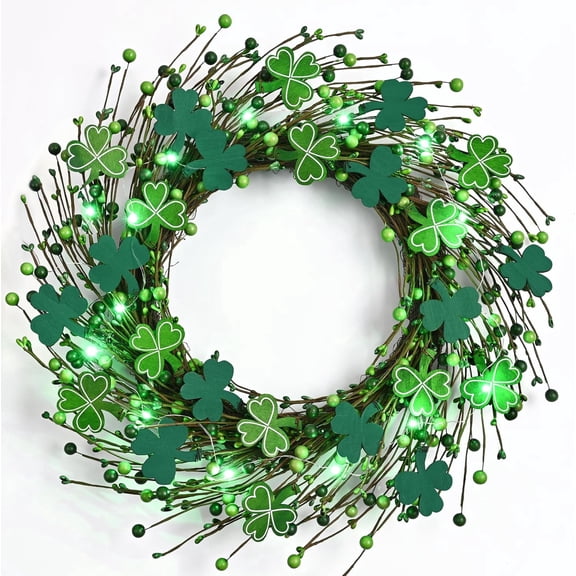 Lyacmy Lighted Shamrock Wreaths for Front Door St Patricks Day Decorations, 18inch Green Colored Wooden Door Wreaths for St. Patrick's Day Decor