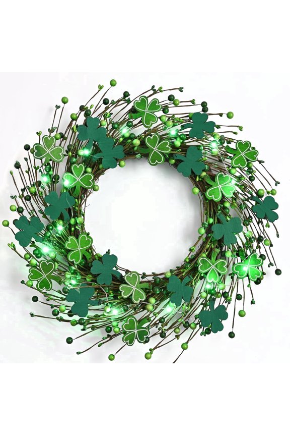 Lighted Shamrock Wreaths for Front Door St Patricks Day Decorations, 18inch Green Colored Wooden Door Wreaths for St. Patrick's Day Decor