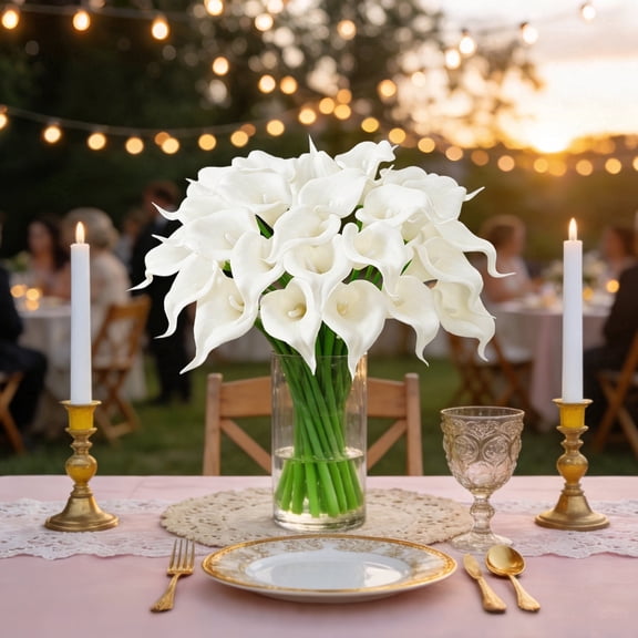 Lyacmy White Calla Lily 24Pcs Artificial Flowers, 14 inch PU Real Touch Silk Flower Bouquet for Wedding Table Centerpiece Home Decoration