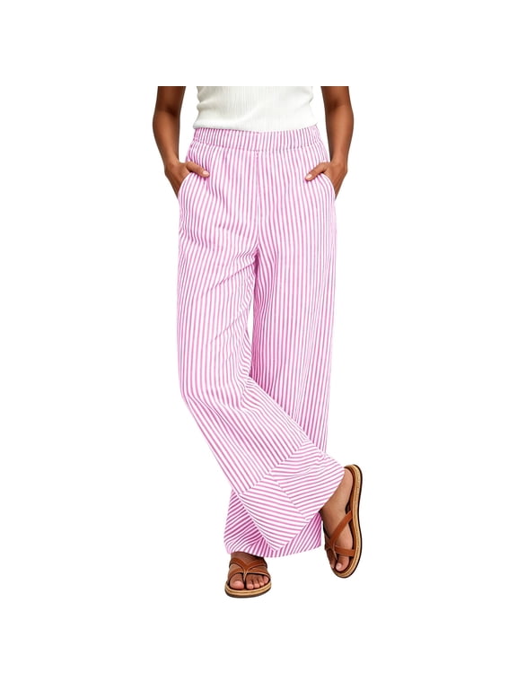 Striped Linen Pants Women Elastic Waist Summer Boho Vacation Beach Pants Lightweight Ruffle Hem Wide Leg Lounge Pant