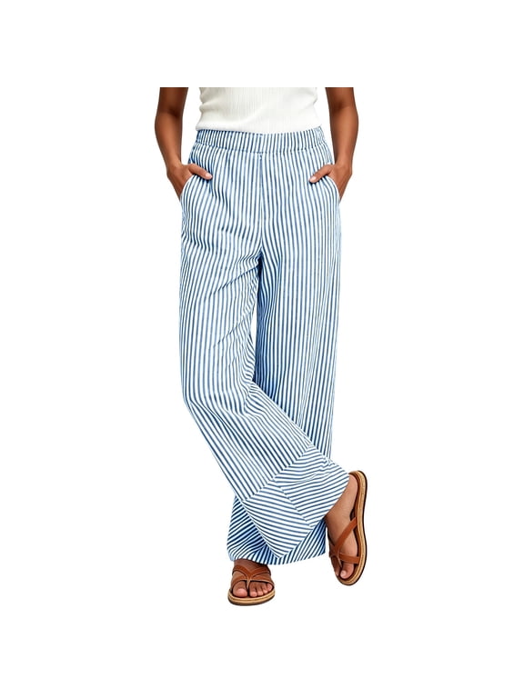 Striped Linen Pants Women Elastic Waist Summer Boho Vacation Beach Pants Lightweight Ruffle Hem Wide Leg Lounge Pant