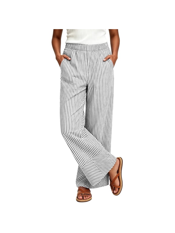 Striped Linen Pants Women Elastic Waist Summer Boho Vacation Beach Pants Lightweight Ruffle Hem Wide Leg Lounge Pant