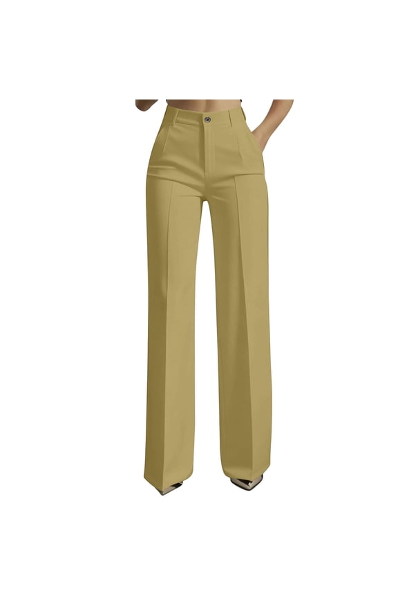 Work Pants Women Straight Leg Pull on Pleated Dress Pants High Waist Business Casual Slacks for Office S-3XL