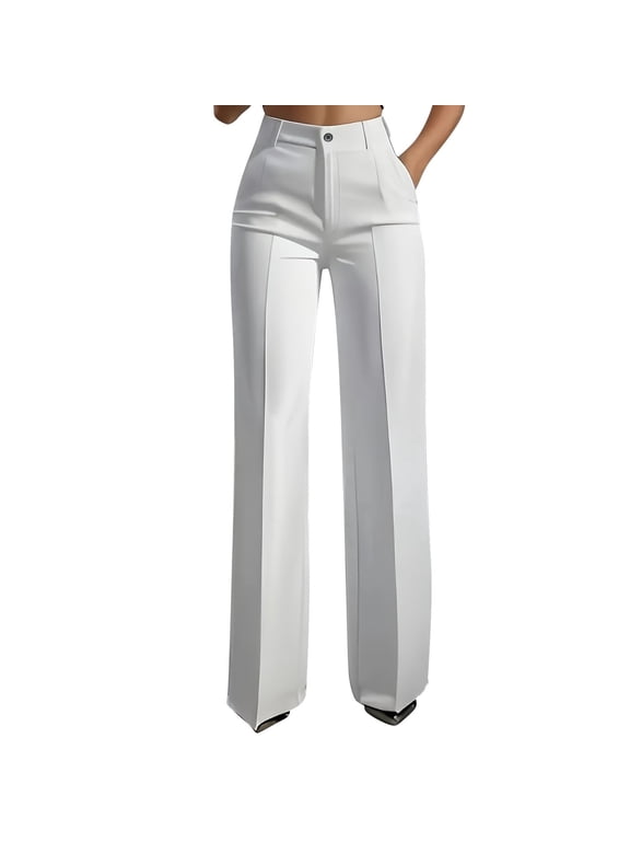 Work Pants Women Straight Leg Pull on Pleated Dress Pants High Waist Business Casual Slacks for Office S-3XL