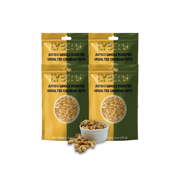 Lybelu Jumbo Whole Roasted Unsalted Cashews Nuts – 4oz (Pack of 4)