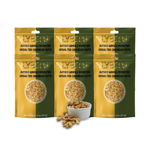 Lybelu Jumbo Whole Roasted Unsalted Cashews Nuts – 4oz (Pack of 6)