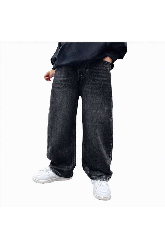 Boy Baggy Jeans Straight Leg Elastic Waist Loose Denim Pants Boys Wide Leg Jeans with Pockets (Black,13-14 Years)