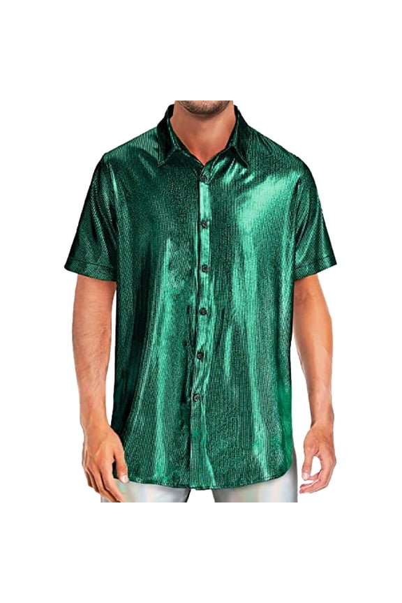 Button Up Shirt Men Mens Sequin Short Sleeved Shirt Slim Fashion Short Sleeved T Shirt Hipster Mens Bright Shirt Nightclub Base Shirt(Green,XL)