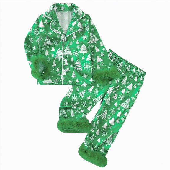 Lycaql Christmas Pajamas for Toddlers Fuzzy Trim Long Sleeve Button Down Shirt Top and Pants 2pcs Silk Pjs Sets Sleepwear Boys Girls Christmas Pajamas (Green,5-6 Years)