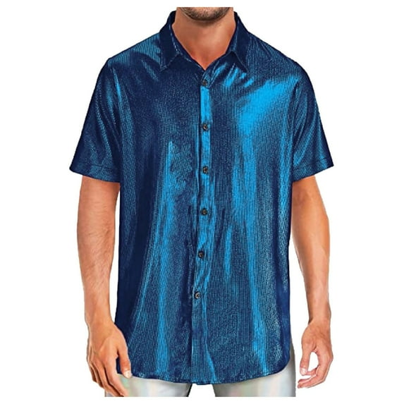 Lycaql Dress Shirts for Men Mens Sequin Short Sleeved Shirt Slim Fashion Short Sleeved T Shirt Hipster Mens Bright Shirt Nightclub Base Shirt(Blue,3xl)