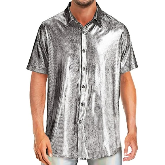 Lycaql Hawaiian Shirt for Men Mens Sequin Short Sleeved Shirt Slim Fashion Short Sleeved T Shirt Hipster Mens Bright Shirt Nightclub Base Shirt(Silver,M)
