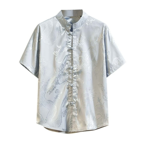 Lycaql Hawaiian Shirt for Men Male Spring And Summer Silk Printed Ethnic Style Retro Short Sleeve Stand Up Collar Shirt(Grey,XXL)