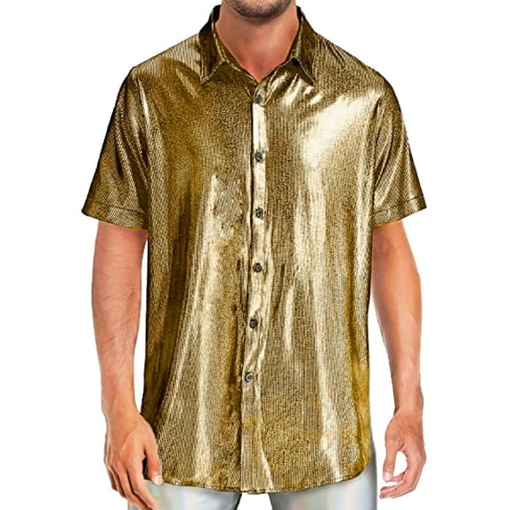 Lycaql Mens Beach Shirts Mens Sequin Short Sleeved Shirt Slim Fashion Short Sleeved T Shirt Hipster Mens Bright Shirt Nightclub Base Shirt(Gold,XXL)