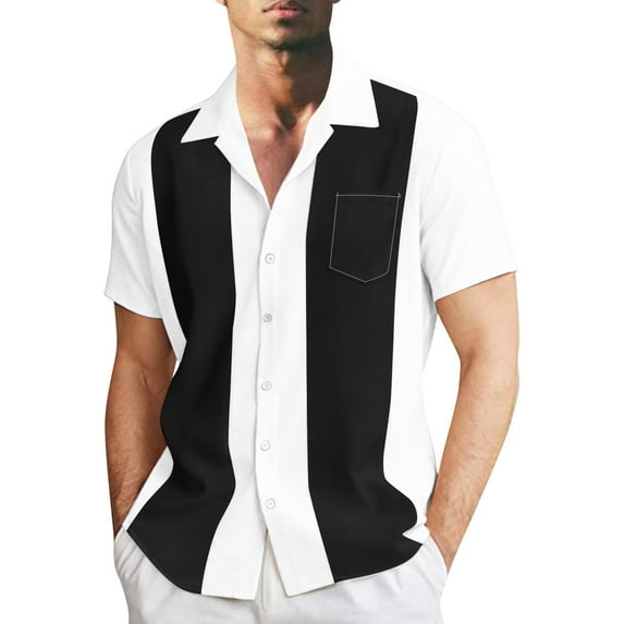 Lycaql Mens Shirts Mens Summer Fashion Casual Beach Seaside Classic Short Sleeved Shirt Double Color Striped Bowling Shirt Button Closure Shirt Summer Shirt(Black,M)