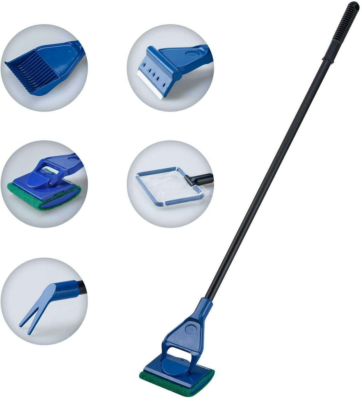 Lychee 5 in 1 Fish Tank Cleaner Aquarium Cleaning Set Fish Net Siphon Gravel Cleaner Algae Scrubber Scraper Glass Cleaner Tool Kit Blue and Black