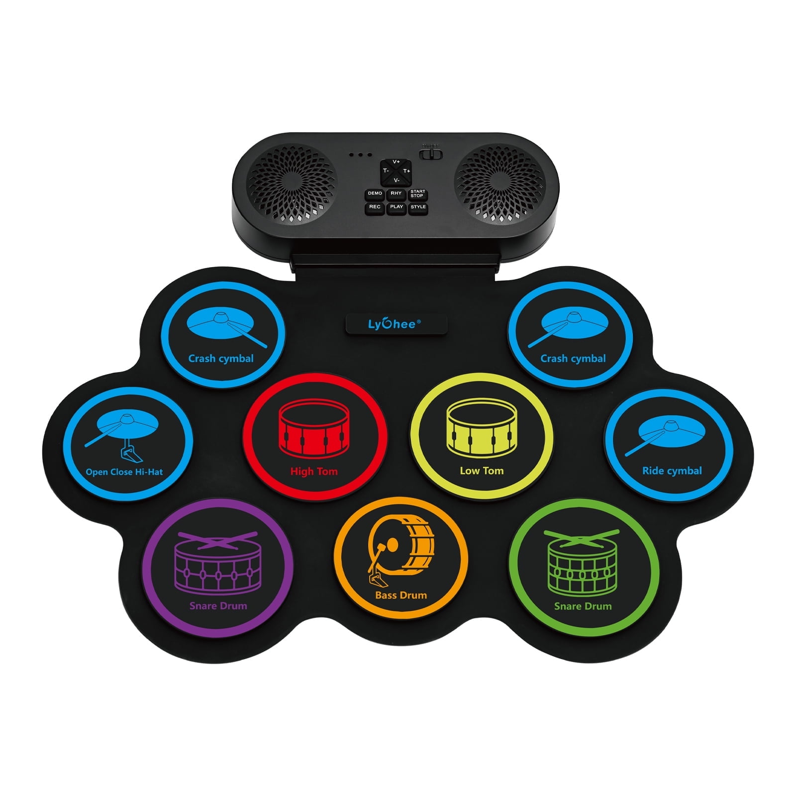 Lychee Electronic Drum Set with Headphone Jack, 9 Stereo Roll-up Drum Practice Pad, Built-in Speaker Drum Pedals Sticks Support External Connection, Great Holiday Xmas Birthday Gift for Kids