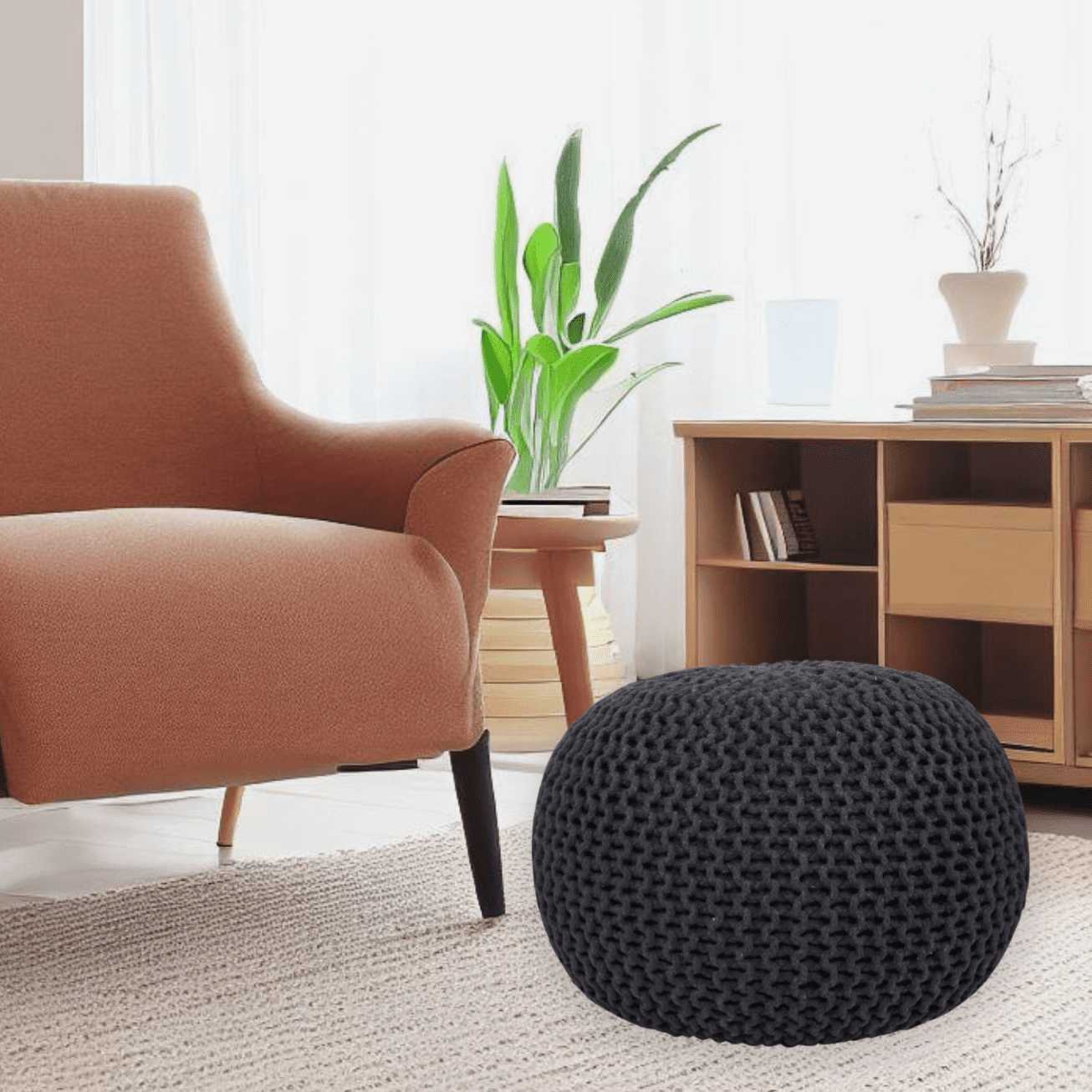 Charcoal Gray Cotton Round Knitted Pouf