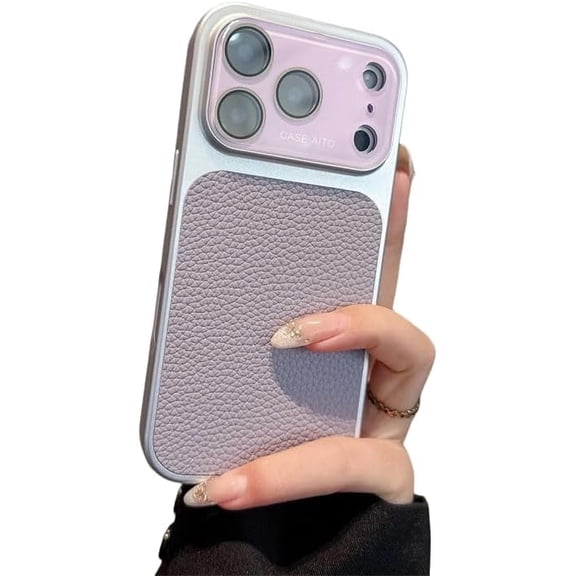 Lychee Peel Leather Back Camera Protect Phone Case for iPhone (Purple,iPhone 15)