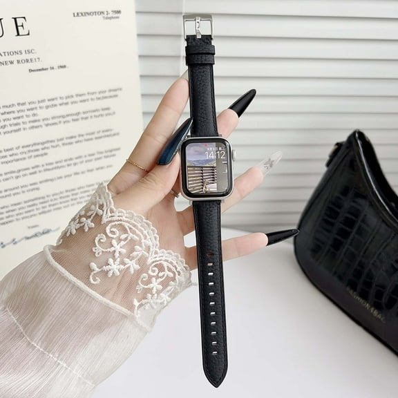 Lychee Texture Genuine Leather Fashion Wristband Compatible with Apple Watch 38/40/41/42mm(Series 11/10), Replacement Band for Girls Women Series 11 10 9 8 7 6 5 4 3 2 1 SE3/2/1, Black