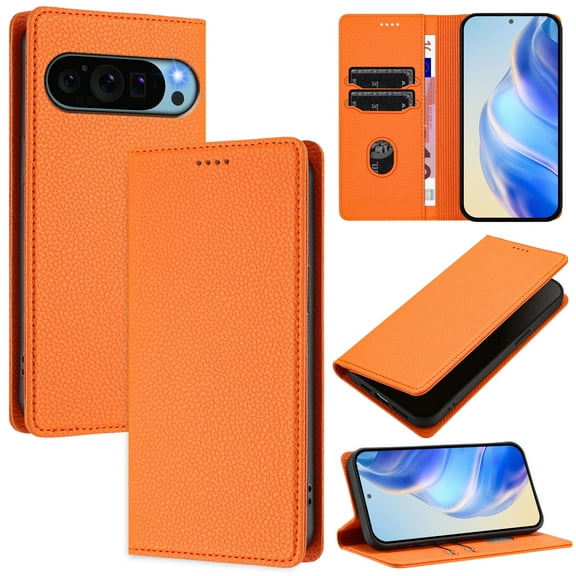 Lychee Texture PU Leather Case for Google Pixel 9 Pro XL Wallet Case with RFID Blocking Card Holders, Wallet Case with Kickstand Magnetic Flip Case Compatible with Google Pixel 9 Pro XL - Orange