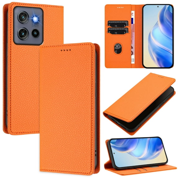 Lychee Texture PU Leather Case for Motorola Moto G Power 5G 2025 Wallet Case with RFID Blocking Card Holders, Wallet Case with Kickstand Magnetic Flip Case for Moto G Power 5G 2025 - Orange