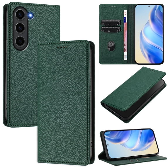 Lychee Texture PU Leather Case for Samsung Galaxy S23 Wallet Case with RFID Blocking Card Holders, Wallet Case with Kickstand Magnetic Flip Case Compatible with Samsung Galaxy S23 - Darkgreen
