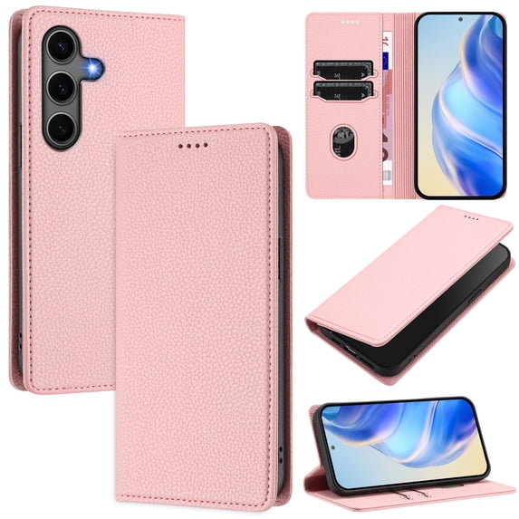 Lychee Texture PU Leather Case for Samsung Galaxy S24 FE Wallet Case with RFID Blocking Card Holders, Wallet Case with Kickstand Magnetic Flip Case Compatible with Samsung Galaxy S24 FE - Pink