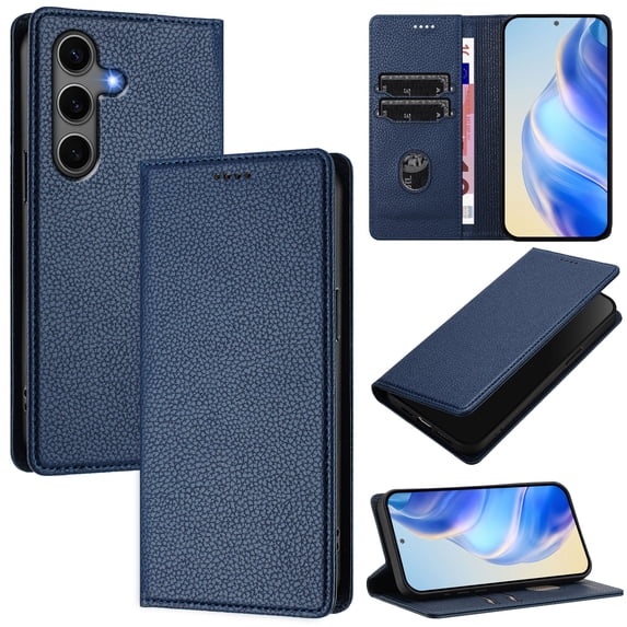 Lychee Texture PU Leather Case for Samsung Galaxy S24 FE Wallet Case with RFID Blocking Card Holders, Wallet Case with Kickstand Magnetic Flip Case Compatible with Samsung Galaxy S24 FE - Darkblue