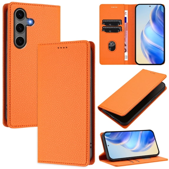 Lychee Texture PU Leather Case for Samsung Galaxy S24 Plus Wallet Case with RFID Blocking Card Holders, Wallet Case with Kickstand Magnetic Flip Case Compatible with Galaxy S24 Plus - Orange