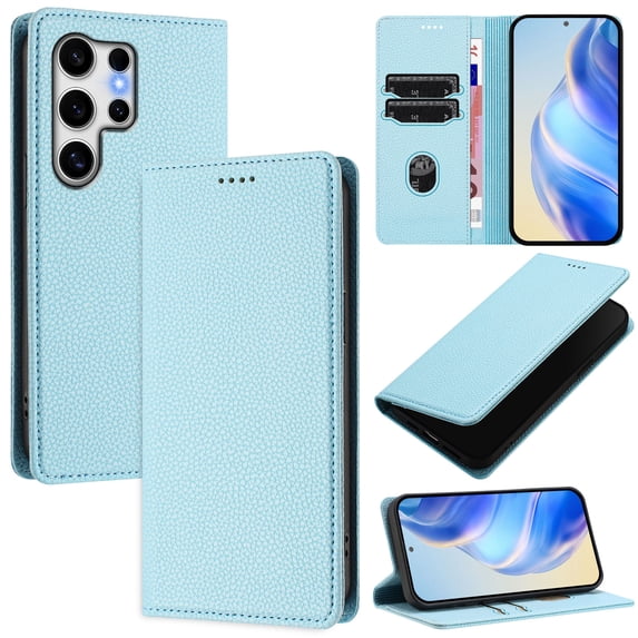 Lychee Texture PU Leather Case for Samsung Galaxy S24 Ultra Wallet Case with RFID Blocking Card Holders, Wallet Case with Kickstand Magnetic Flip Case Compatible with Galaxy S24 Ultra - Skyblue