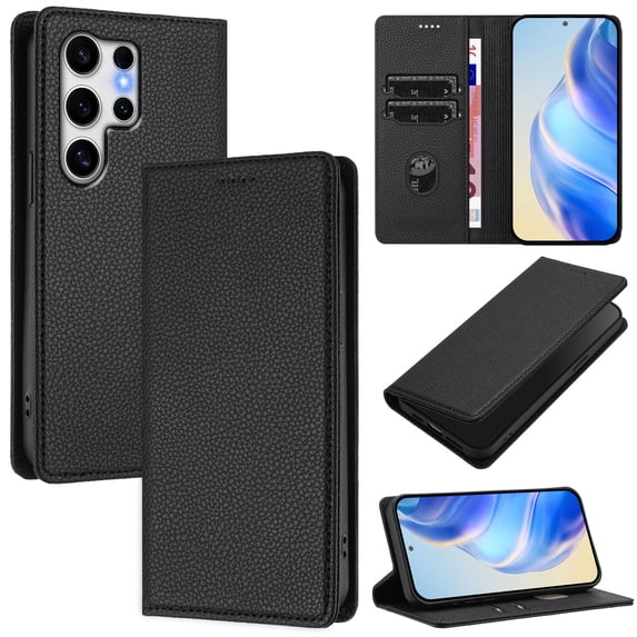 Lychee Texture PU Leather Case for Samsung Galaxy S24 Ultra Wallet Case with RFID Blocking Card Holders, Wallet Case with Kickstand Magnetic Flip Case Compatible with Galaxy S24 Ultra - Black