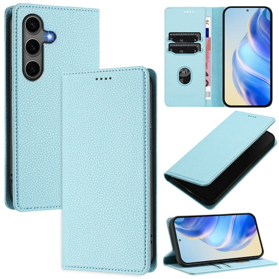 Lychee Texture PU Leather Case for Samsung Galaxy S25 FE Wallet Case with RFID Blocking Card Holders, Wallet Case with Kickstand Magnetic Flip Case Compatible with Samsung Galaxy S25 FE - Skyblue