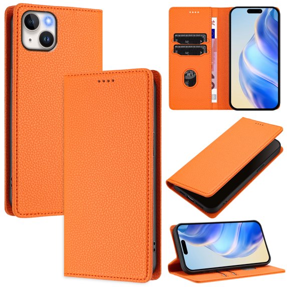 Lychee Texture PU Leather Case for iPhone 13 Wallet Case with RFID Blocking Card Holders, Wallet Case with Kickstand Magnetic Flip Case Compatible with iPhone 13 - Orange