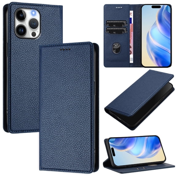 Lychee Texture PU Leather Case for iPhone 15 Pro Wallet Case with RFID Blocking Card Holders, Wallet Case with Kickstand Magnetic Flip Case Compatible with iPhone 15 Pro - Darkblue