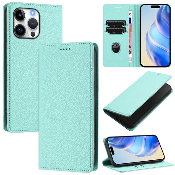 Lychee Texture PU Leather Case for iPhone 16 Pro Wallet Case with RFID Blocking Card Holders, Wallet Case with Kickstand Magnetic Flip Case Compatible with iPhone 16 Pro - Mint