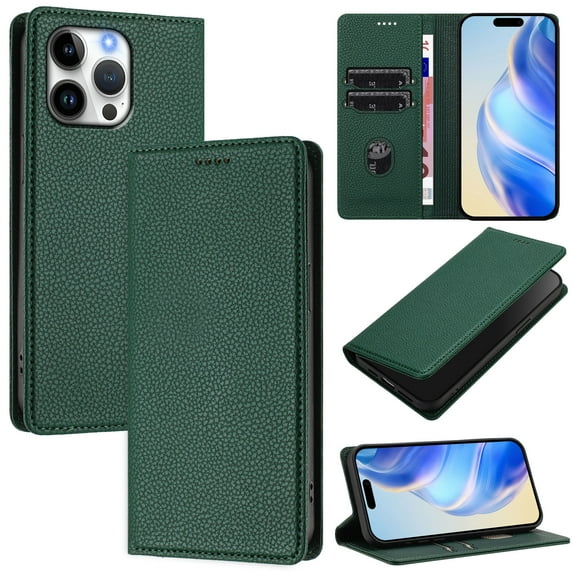 Lychee Texture PU Leather Case for iPhone 16 Pro Wallet Case with RFID Blocking Card Holders, Wallet Case with Kickstand Magnetic Flip Case Compatible with iPhone 16 Pro - Darkgreen