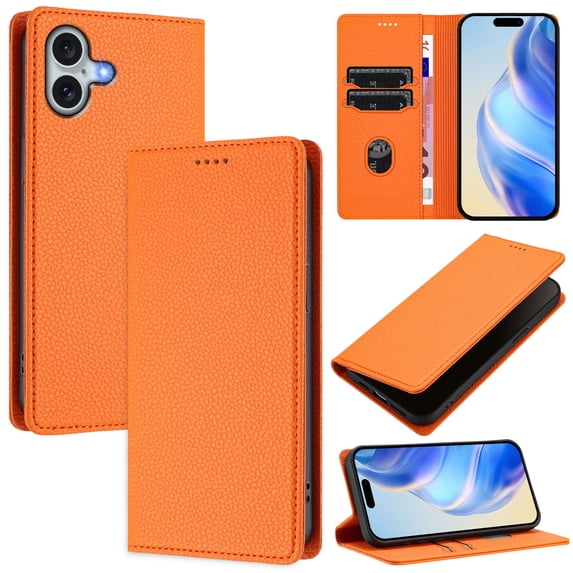 Lychee Texture PU Leather Case for iPhone 16 Wallet Case with RFID Blocking Card Holders, Wallet Case with Kickstand Magnetic Flip Case Compatible with iPhone 16 - Orange