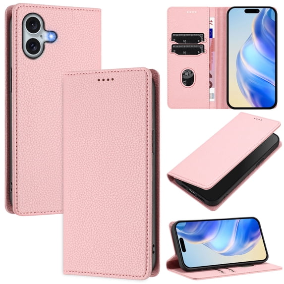 Lychee Texture PU Leather Case for iPhone 16 Wallet Case with RFID Blocking Card Holders, Wallet Case with Kickstand Magnetic Flip Case Compatible with iPhone 16 - Pink