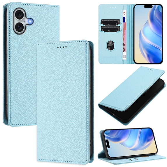 Lychee Texture PU Leather Case for iPhone 16 Wallet Case with RFID Blocking Card Holders, Wallet Case with Kickstand Magnetic Flip Case Compatible with iPhone 16 - Skyblue