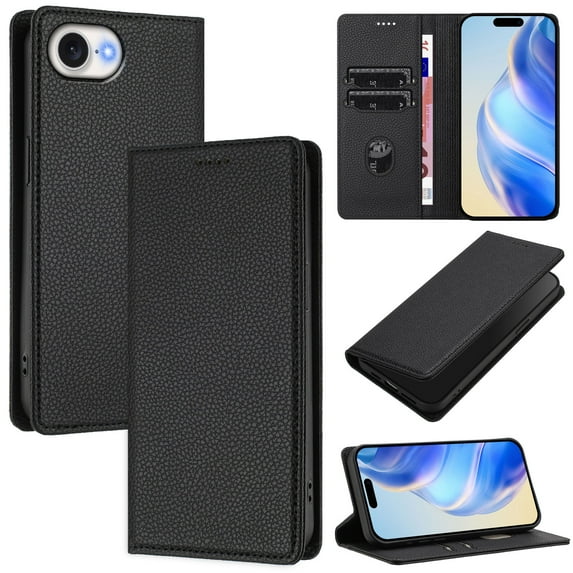 Lychee Texture PU Leather Case for iPhone 16e Wallet Case with RFID Blocking Card Holders, Wallet Case with Kickstand Magnetic Flip Case Compatible with iPhone 16e - Black