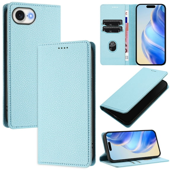 Lychee Texture PU Leather Case for iPhone 16e Wallet Case with RFID Blocking Card Holders, Wallet Case with Kickstand Magnetic Flip Case Compatible with iPhone 16e - Skyblue